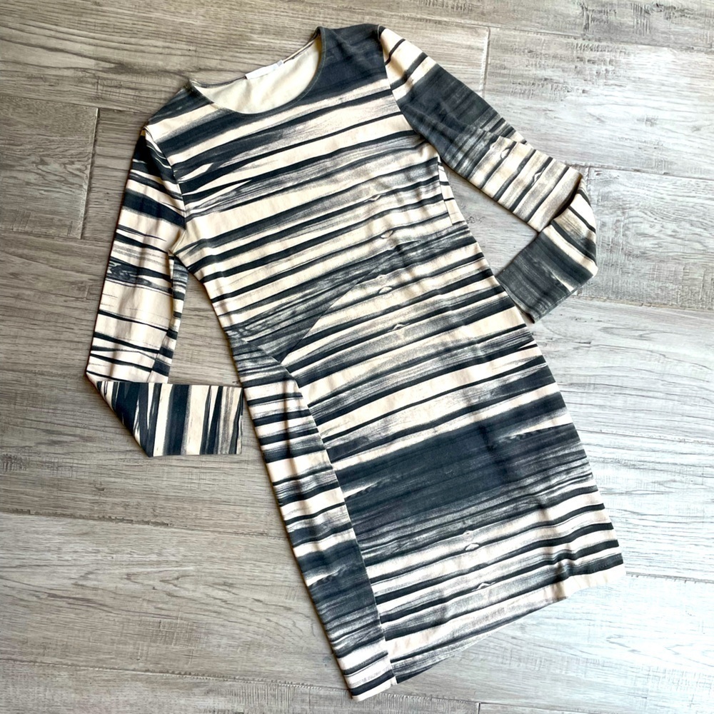 COS Sheath Dress Stretchy Long Sleeve Striped Pattern Cream/Black/Gray SZ S